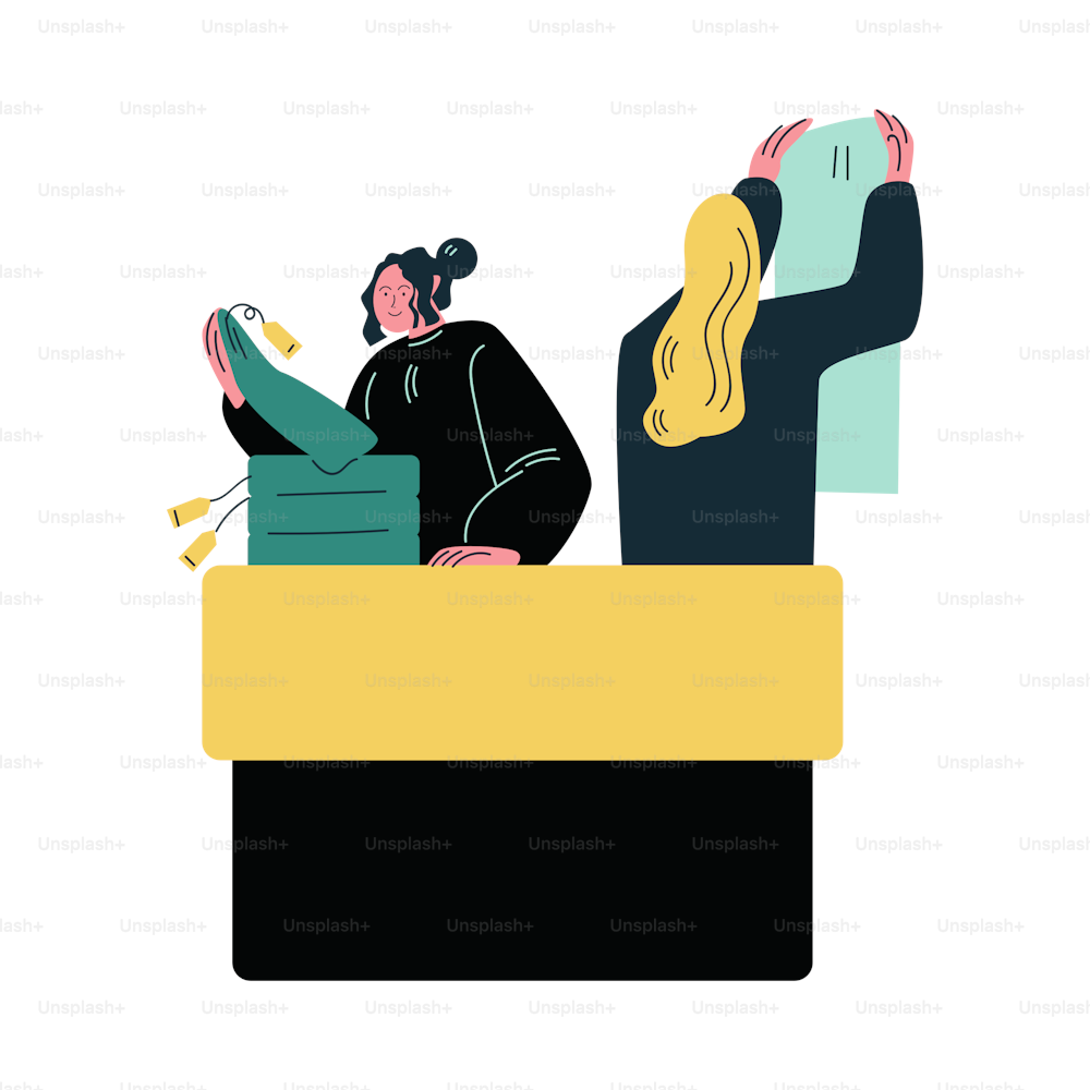 Hand drawn young women sellers checking goods and fixing equipment at checkdesk in shop over white background vector illustration. Shopping concept