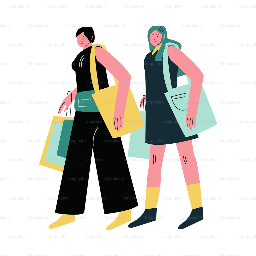 Giovani amiche sorridenti disegnate a mano che camminano con borse con acquisti dopo lo shopping su sfondo bianco illustrazione vettoriale. Concetto di shopping