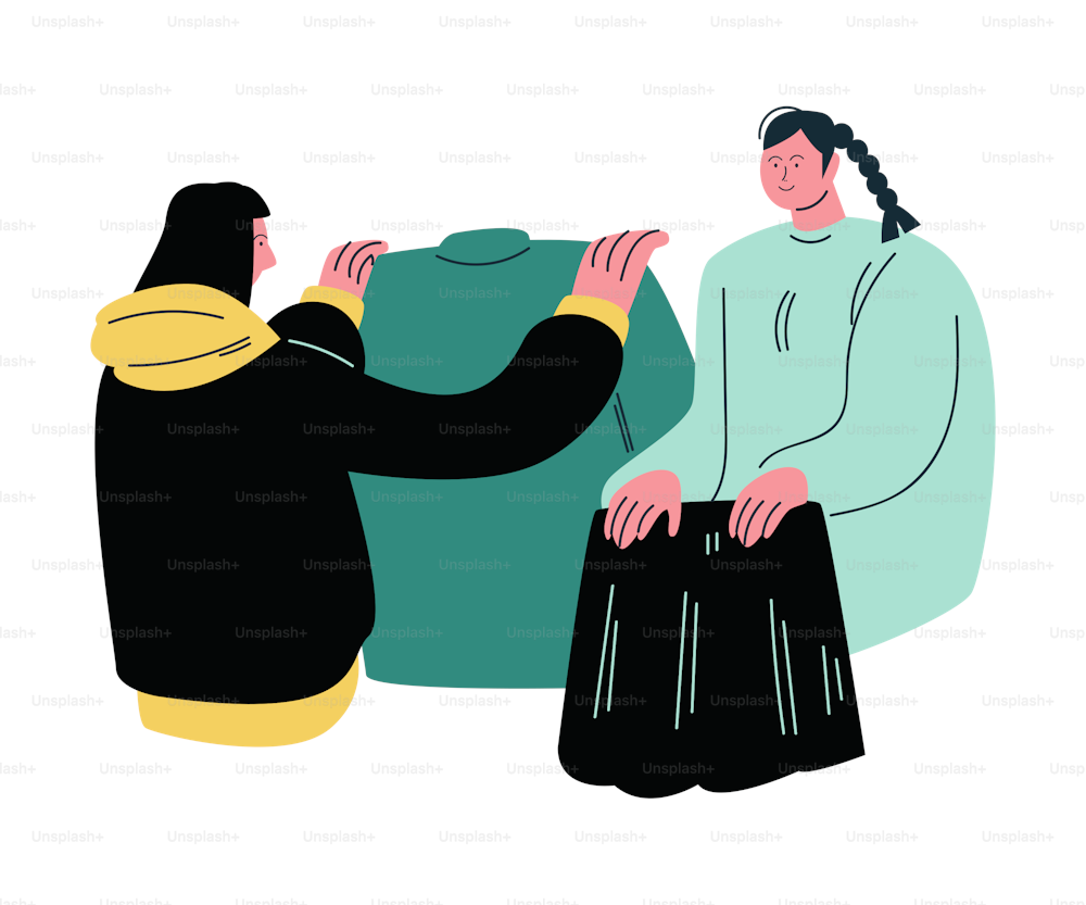 Giovani donne disegnate a mano che scelgono nuovi vestiti durante lo shopping su sfondo bianco illustrazione vettoriale. Concetto di shopping