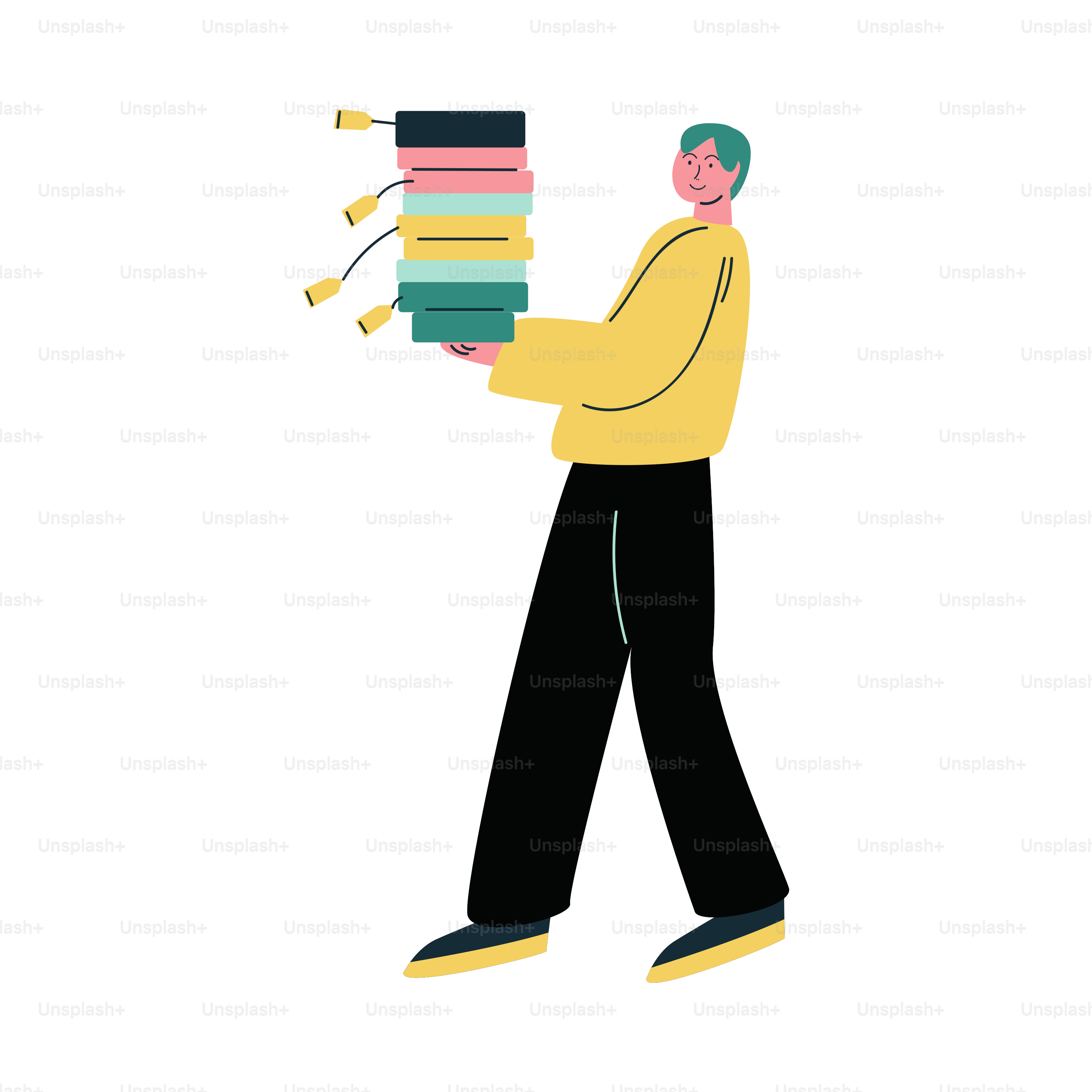 Hand drawn young man seller carrying new delivery in boxes with security equipment on it in shop over white background vector illustration. Shopping concept