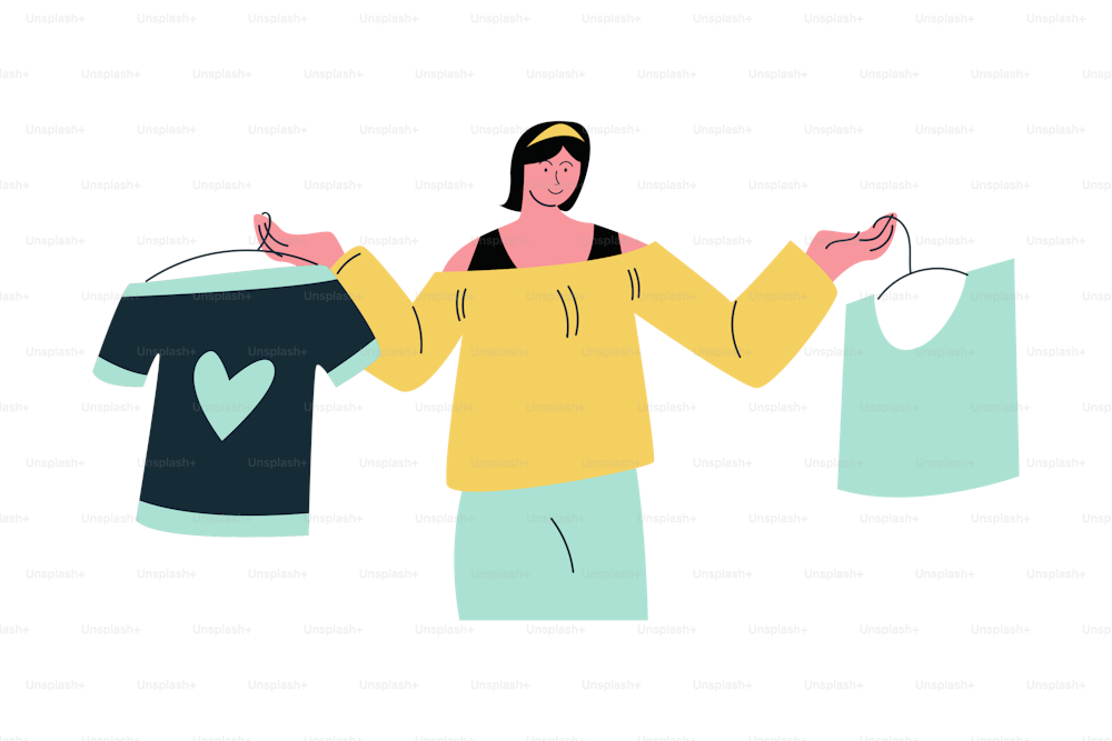 Handgezeichnete junge Frau, die beim Einkaufen zwischen zwei T-Shirts über einer Vektorillustration mit weißem Hintergrund wählt. Shopping-Konzept