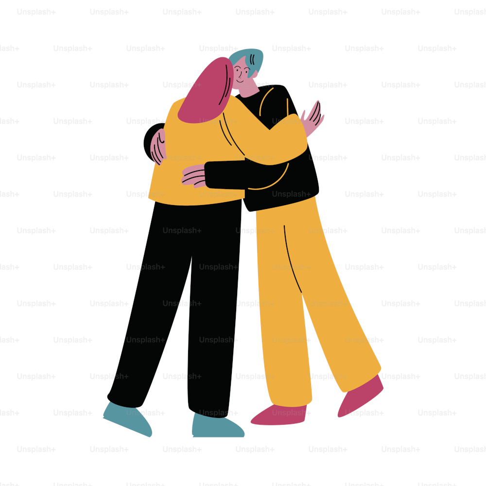Cute happy couple man in yellow pants and woman in black jeans hugging lovingly. Romantic date concept. Happy Hug Day. Isolated vector icon illustration on white background in cartoon style.