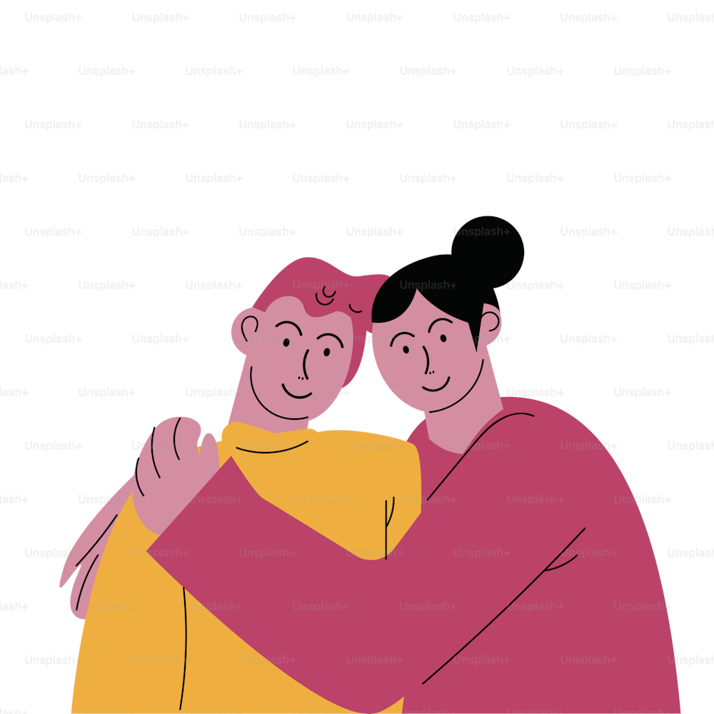 Cute happy smiling couple red-haired man and black-haired woman in casual clothes hugging. Romantic date concept. Happy Hug Day. Isolated vector icon illustration on white background in cartoon style.