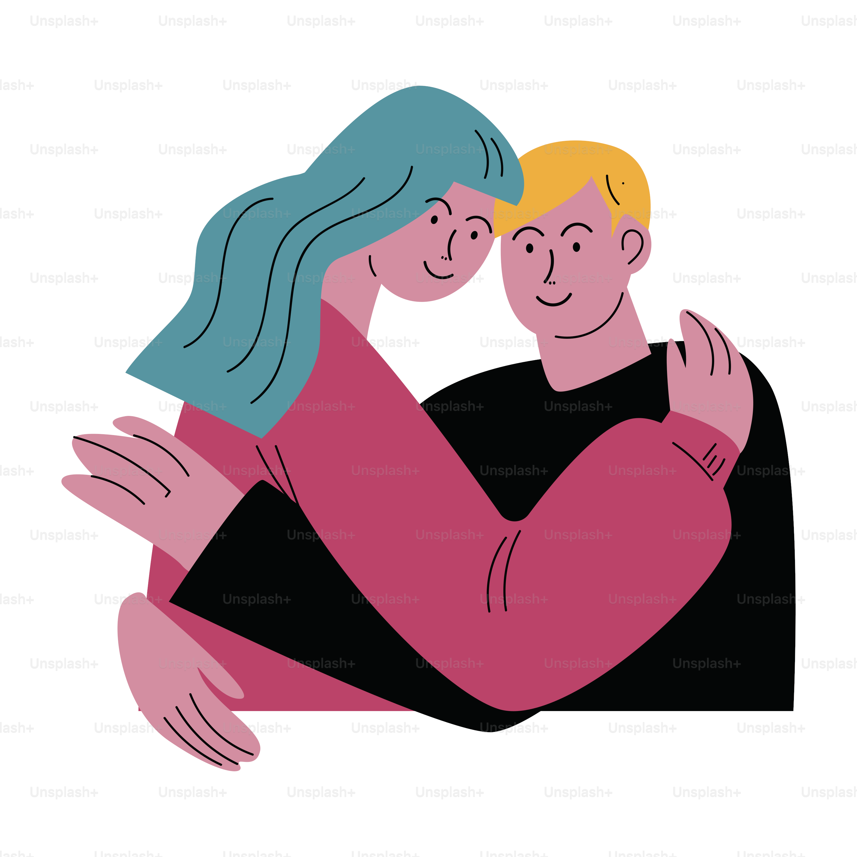 Cute happy smiling couple blond man and a blue-haired woman in casual clothes hugging. Romantic date concept. Happy Hug Day. Isolated vector icon illustration on white background in cartoon style.