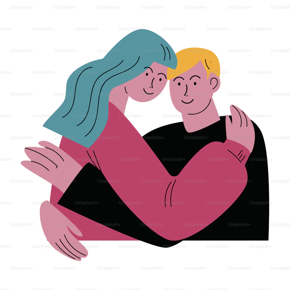 Cute happy smiling couple blond man and a blue-haired woman in casual clothes hugging. Romantic date concept. Happy Hug Day. Isolated vector icon illustration on white background in cartoon style.