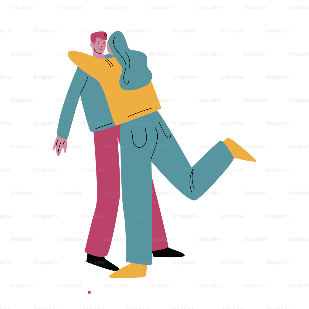 Cute happy couple man in red jeans and woman in blue jeans hugging lovingly. Romantic date concept. Happy Hug Day. Isolated vector icon illustration on white background in cartoon style.