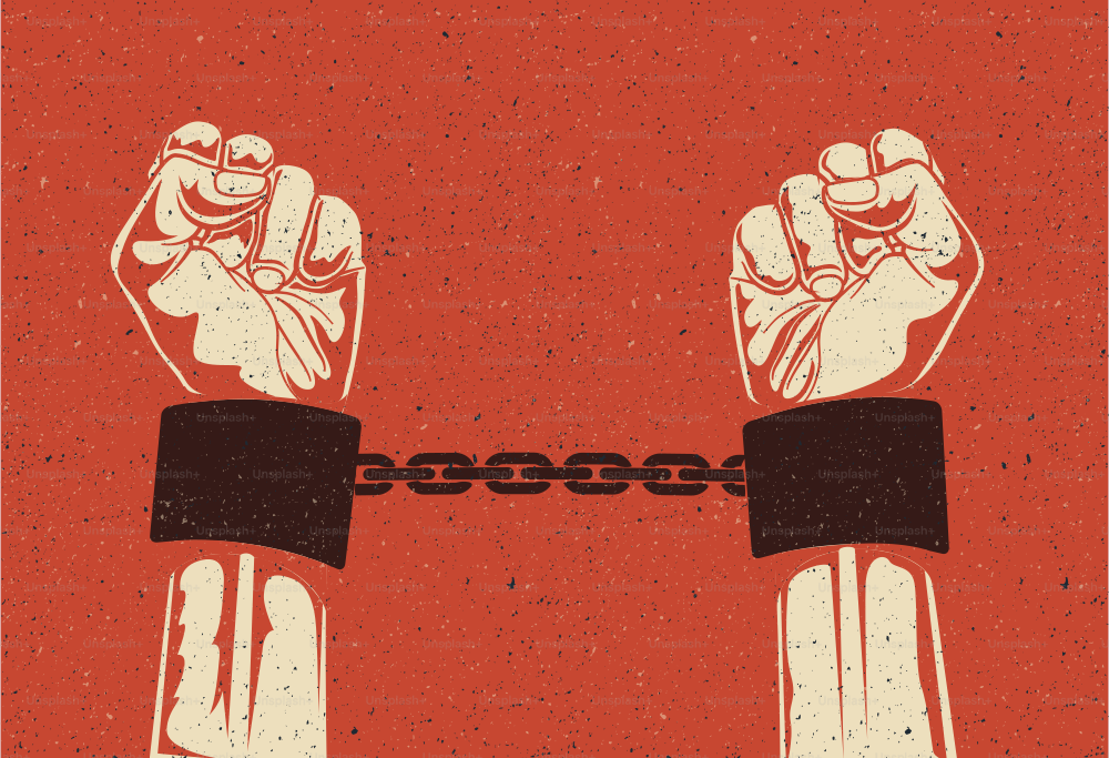 Man hands in strained steel handcuffs. Imprisoned hands in chains. Prisoners hands. Vintage styled vector eps 10 illustration.