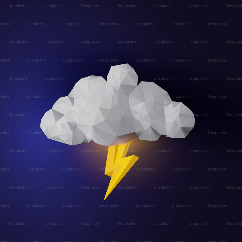 Geometric low poly 3d cloud with thunder lightning bolt vector illustration.