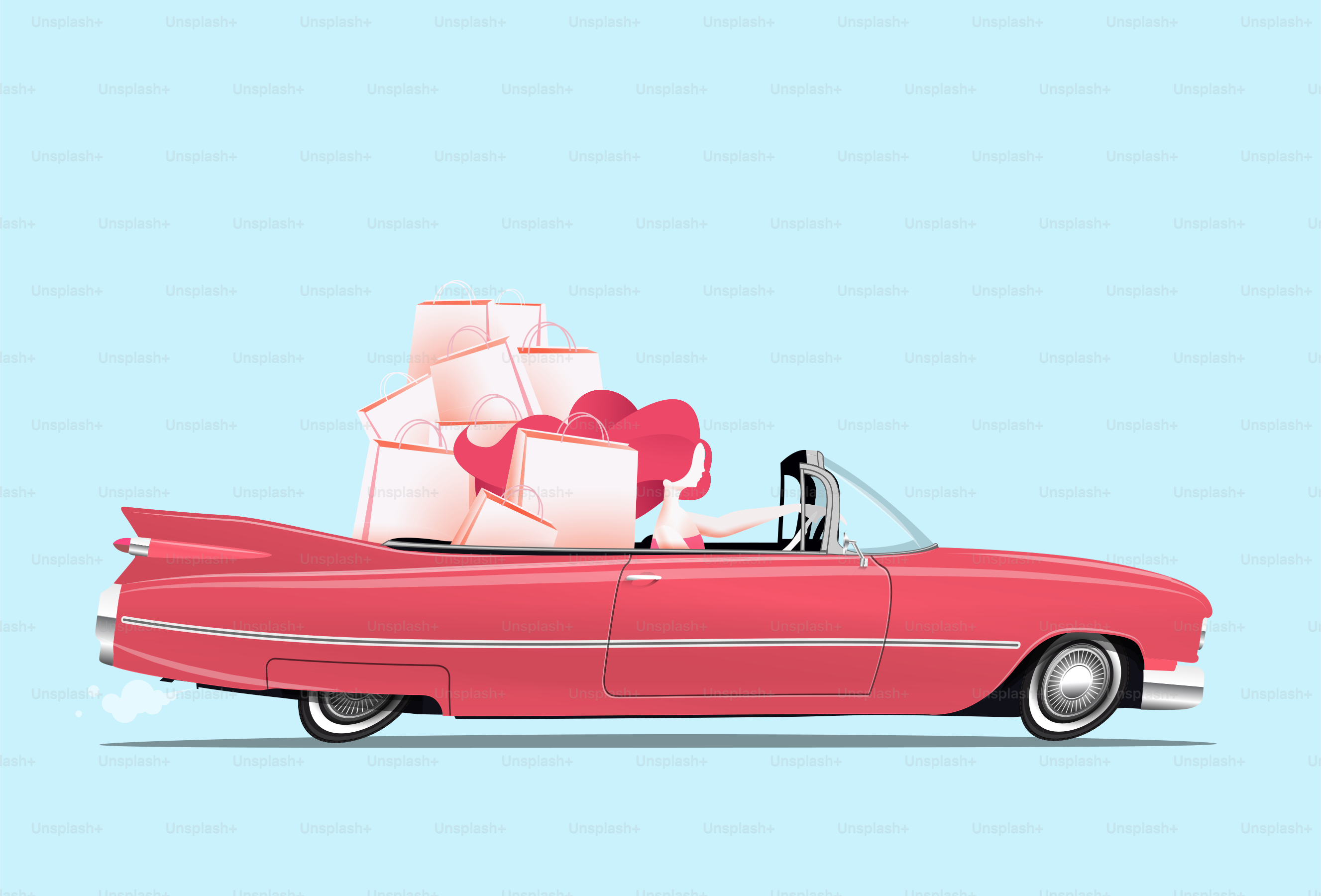 Frau fährt ein pinkes Cabriolet-Auto mit Einkaufstaschen auf den Rücksitzen. Glückliches Mädchen beim Einkaufen. Cartoon-artige Vektorillustration.