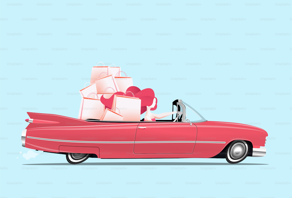 뒷좌석에 쇼핑백을 들고 분홍색 카브리올레 자동차를 운전하는 여성. 쇼핑에 행복한 여자. 만화 스타일의 벡터 그림입니다.