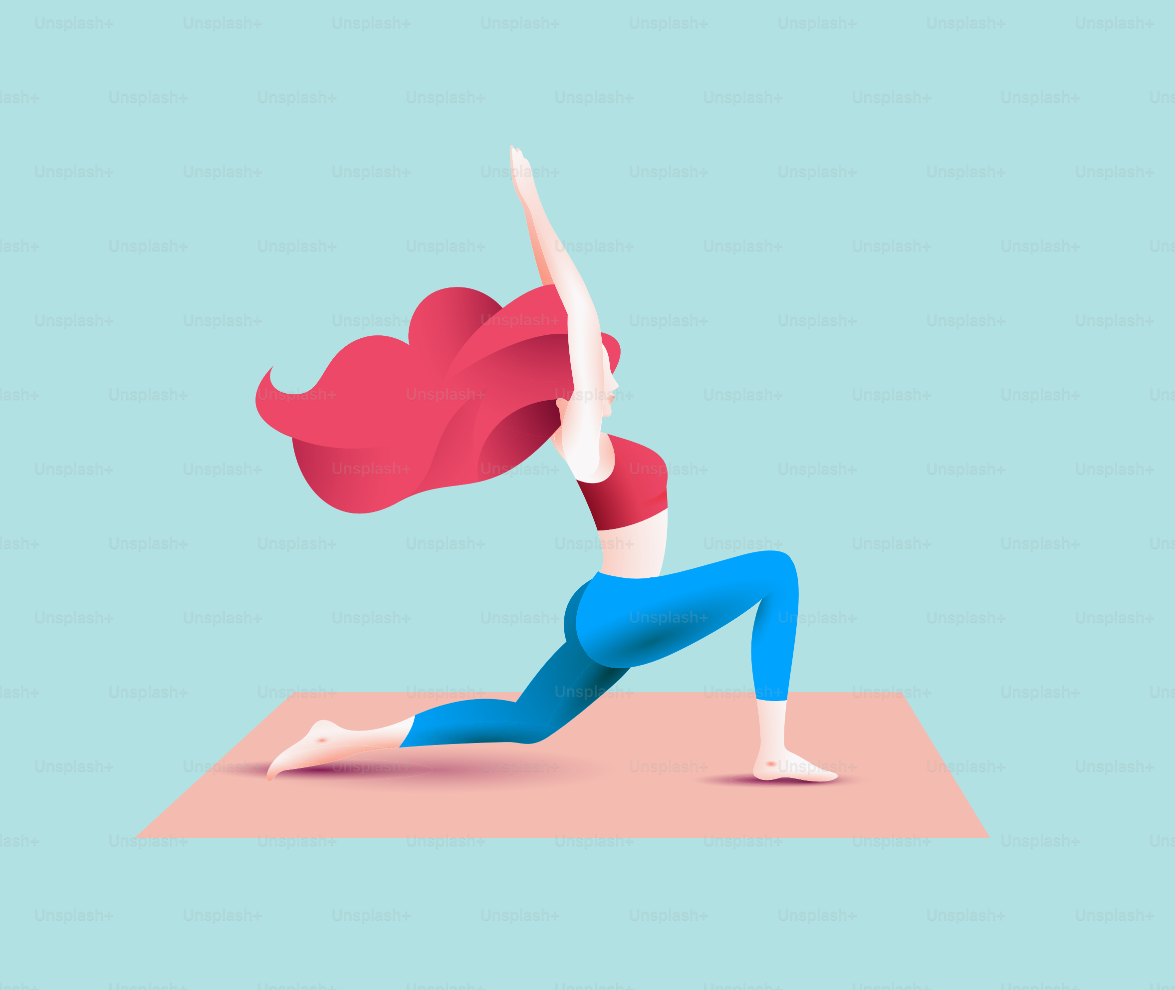Bella donna dai capelli rossi che fa yoga. Asana yoga guerriero. Illustrazione vettoriale.