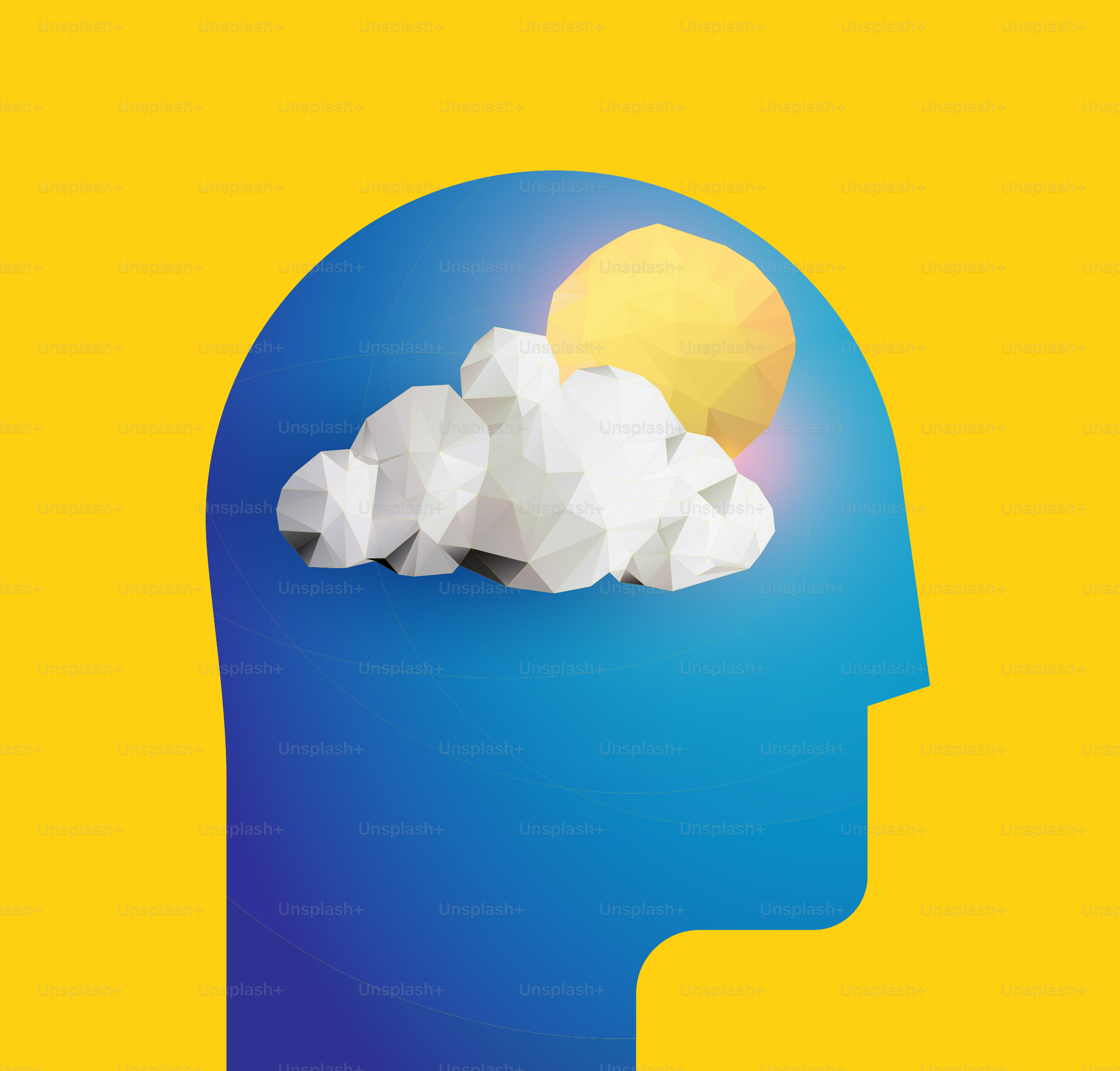 Silhouette de tête humaine avec soleil et nuage. Bonne humeur. Détends-toi. Bonne journée. Esprit paisible. Illustration vectorielle sur le thème de la psychologie.