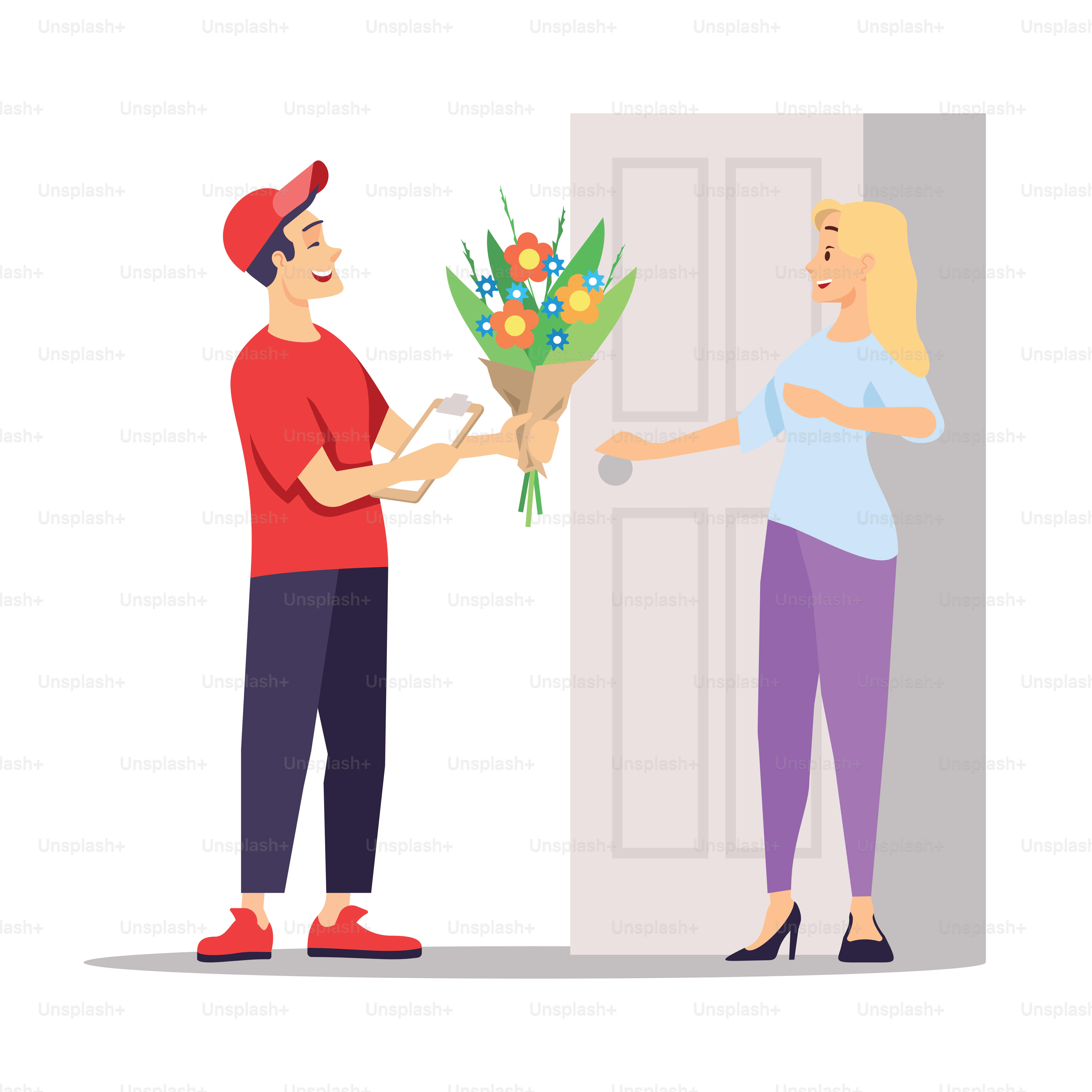 Flower shop delivery guy flat vector illustration. Cheerful courier delivering bouquet isolated cartoon character on white background. Surprised girl, lady, female addressee receiving fresh flowers