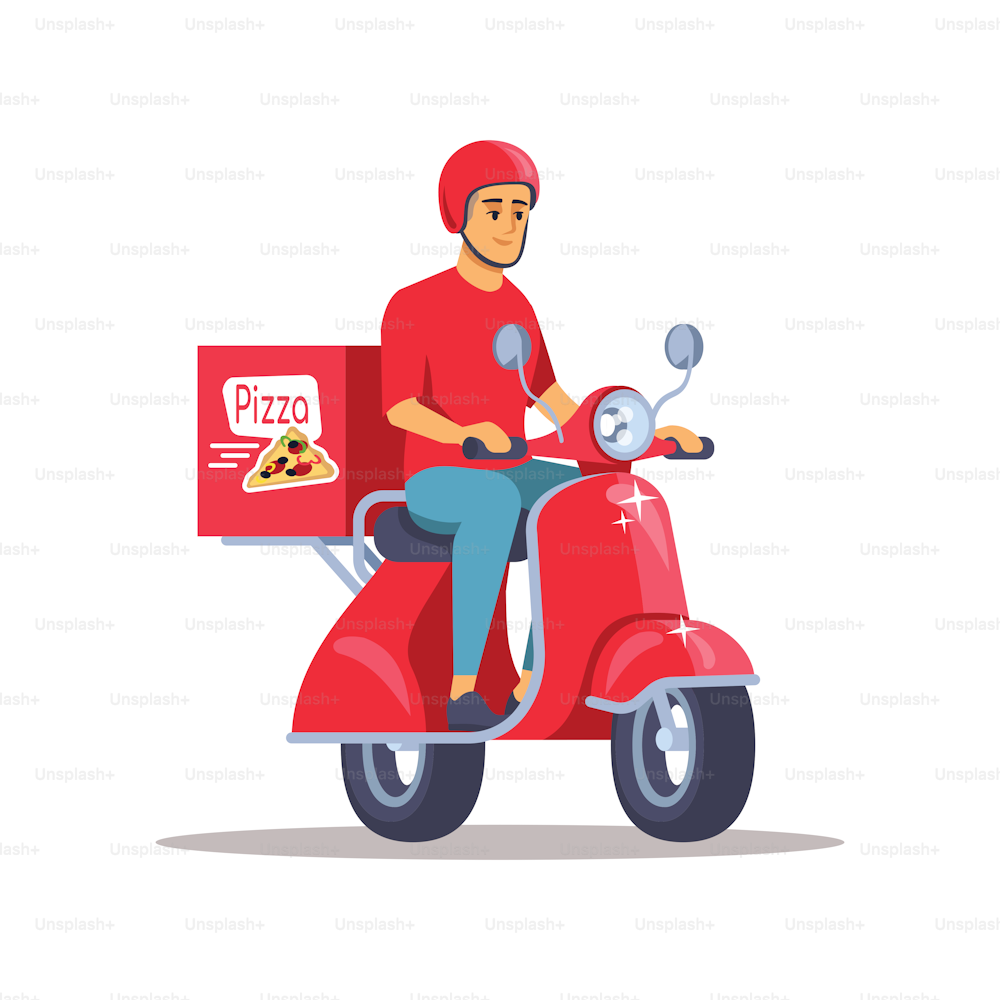 Pizza delivery flat vector illustration. Male courier on scooter delivering meal, fresh snack isolated cartoon character on white background. Odd job, part-time occupation idea for students