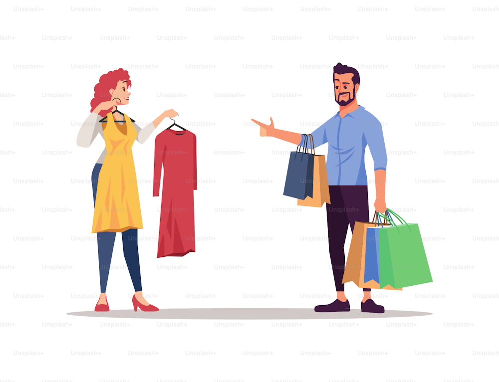 People choosing clothes flat vector illustration. Family couple isolated cartoon characters on white background. Fashion wardrobe shopping together. Presents, bags, purchases. Party, celebration