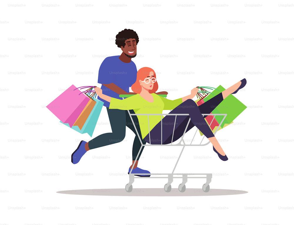 Young people doing shopping flat vector illustration. Shopaholics isolated cartoon characters on white background. Presents, bags. Girl in trolley. Happy customers on seasonal sale, discount