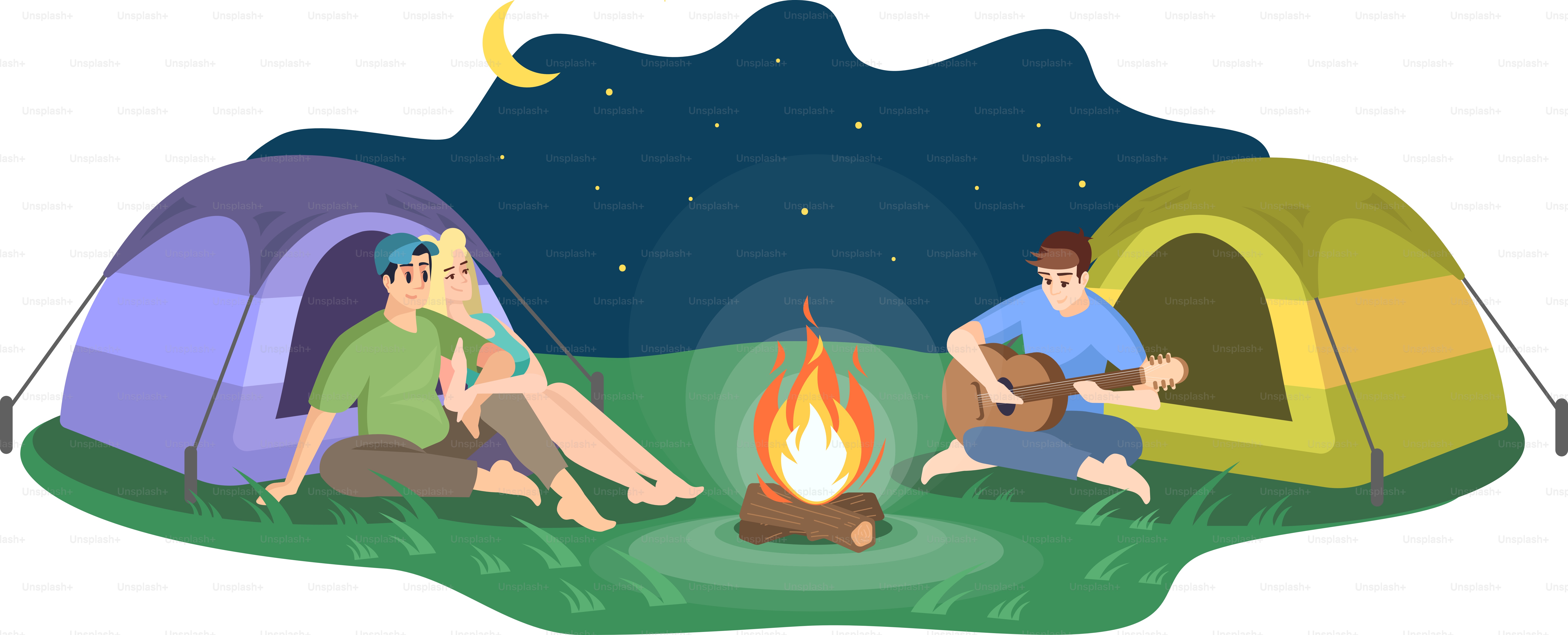 Tres personas acampando con tiendas de campaña y una hoguera bajo un cielo estrellado