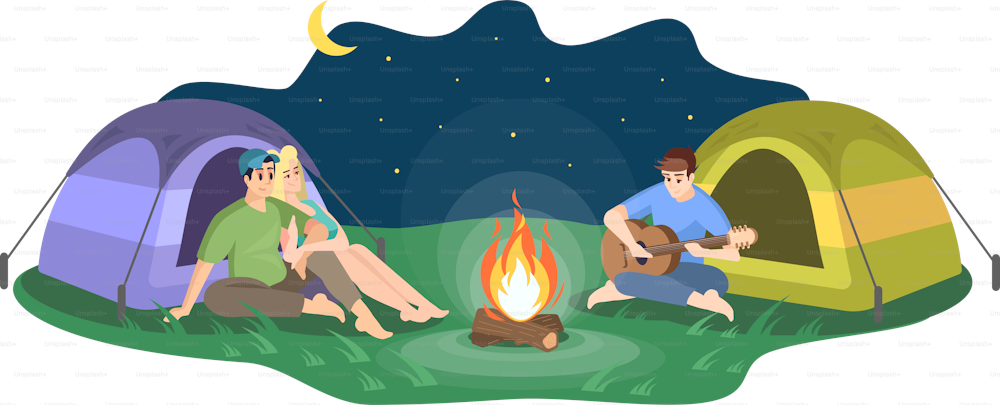 Night camping flat vector illustration. Happy couple and man playing guitar cartoon characters. Young friends sit by campfire, musical entertainment. Summer bonfire rest isolated on white background