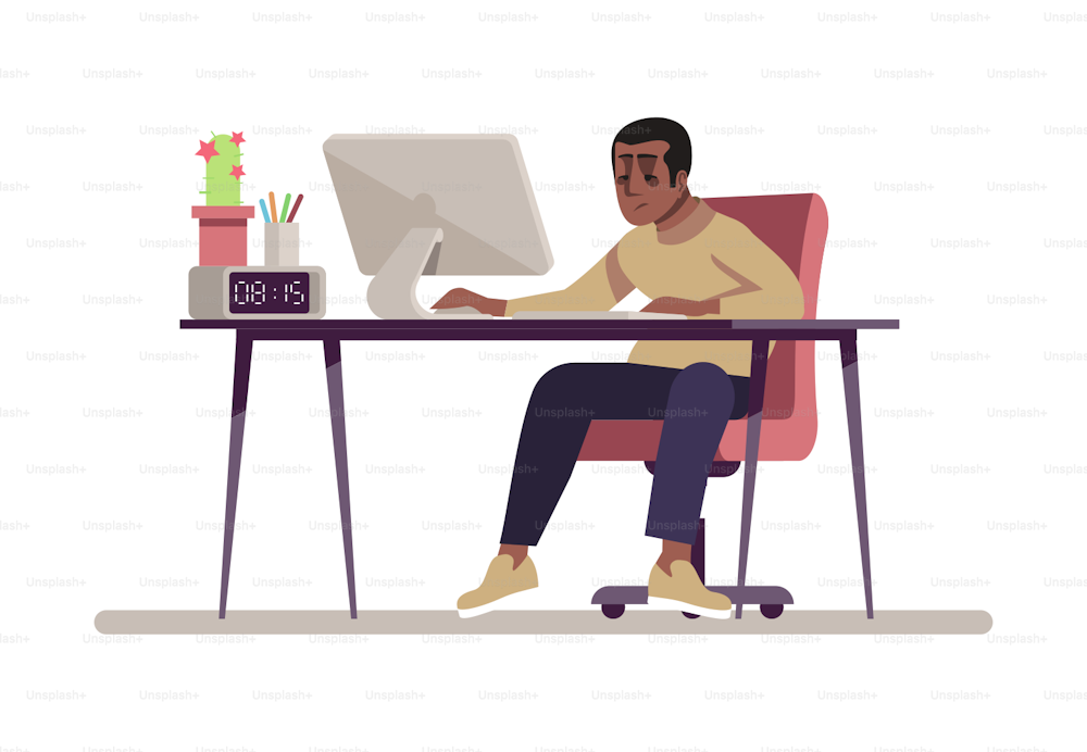 Workaholic flat vector color illustration. Freelance, remote job, working at home concept. Programmer, designer with computer. Young dark skinned employee, office worker isolated cartoon character