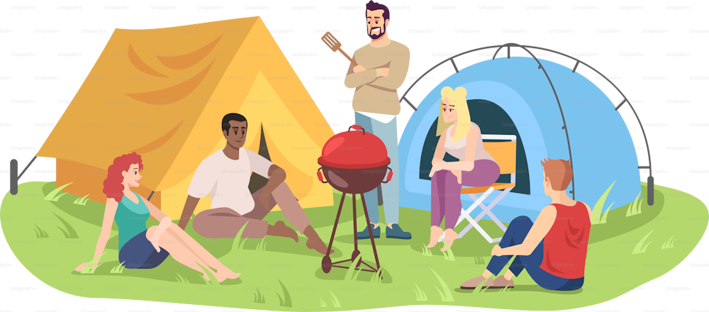Students camping trip flat vector illustration. Happy men and women cartoon characters. Young people on picnic, friends on barbecue. Summer outdoor recreation isolated on white background