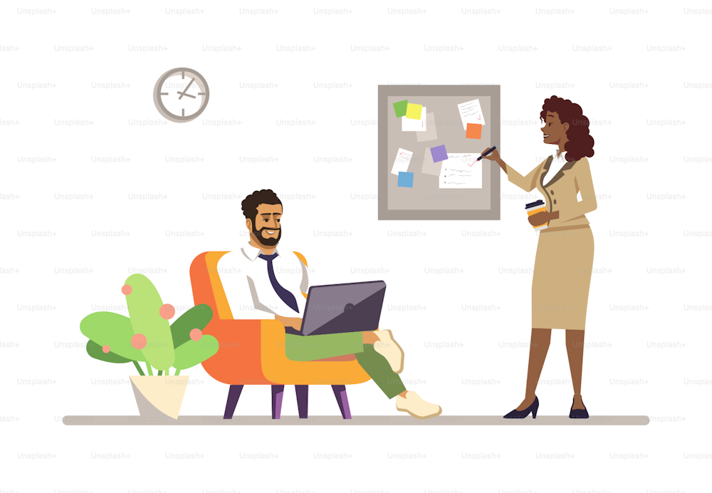Partners, coworkers, colleagues flat vector illustration. Task, project management. Managers discussing work isolated cartoon character. Office workers planning. Dark skin woman and man with laptop