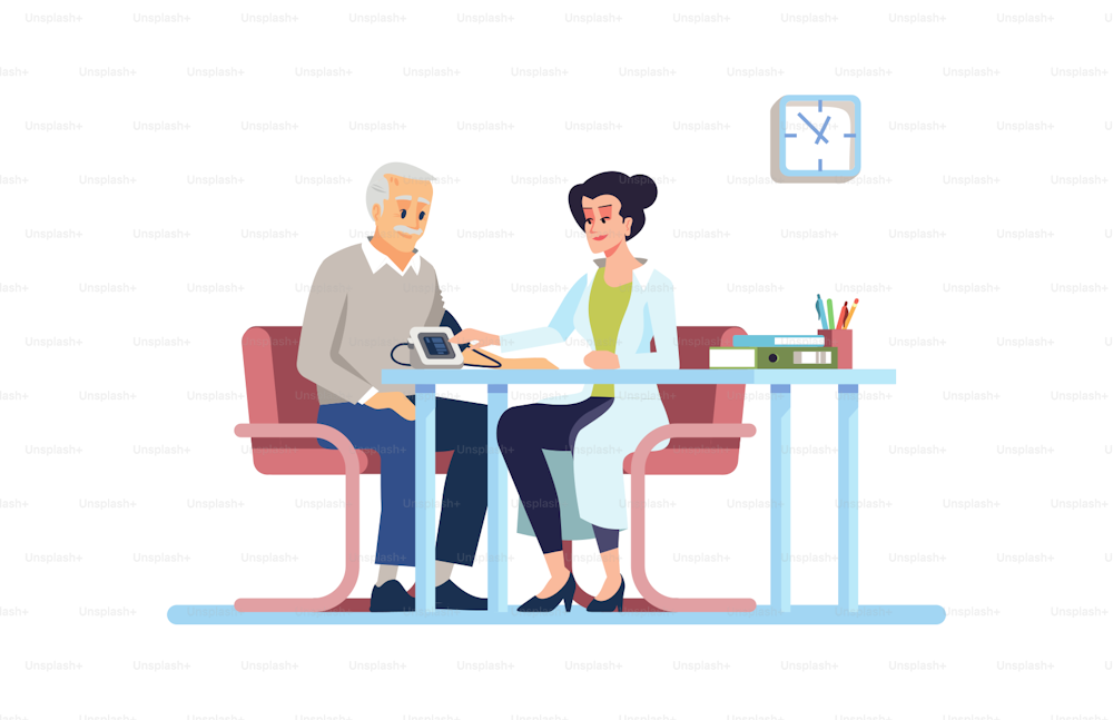 Doctor checking blood pressure flat vector illustration. Old patient, physician isolated cartoon characters on white background.Geriatrician medical check, pensioner healthcare. Cardiologist at work