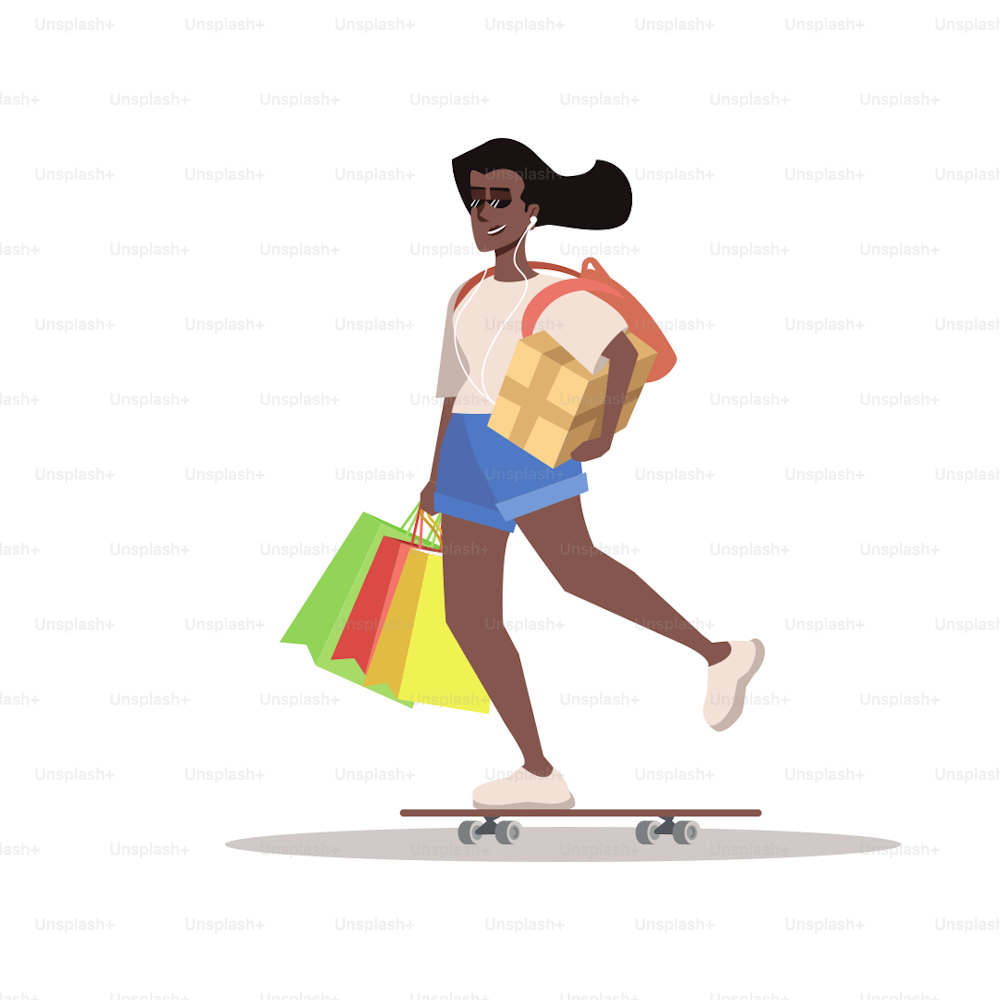 Girl with bags on skateboard flat vector illustration. Female teenager isolated cartoon character on white background. Shopaholic after shopping drawing. Purchases, gift box, paper bags, presents