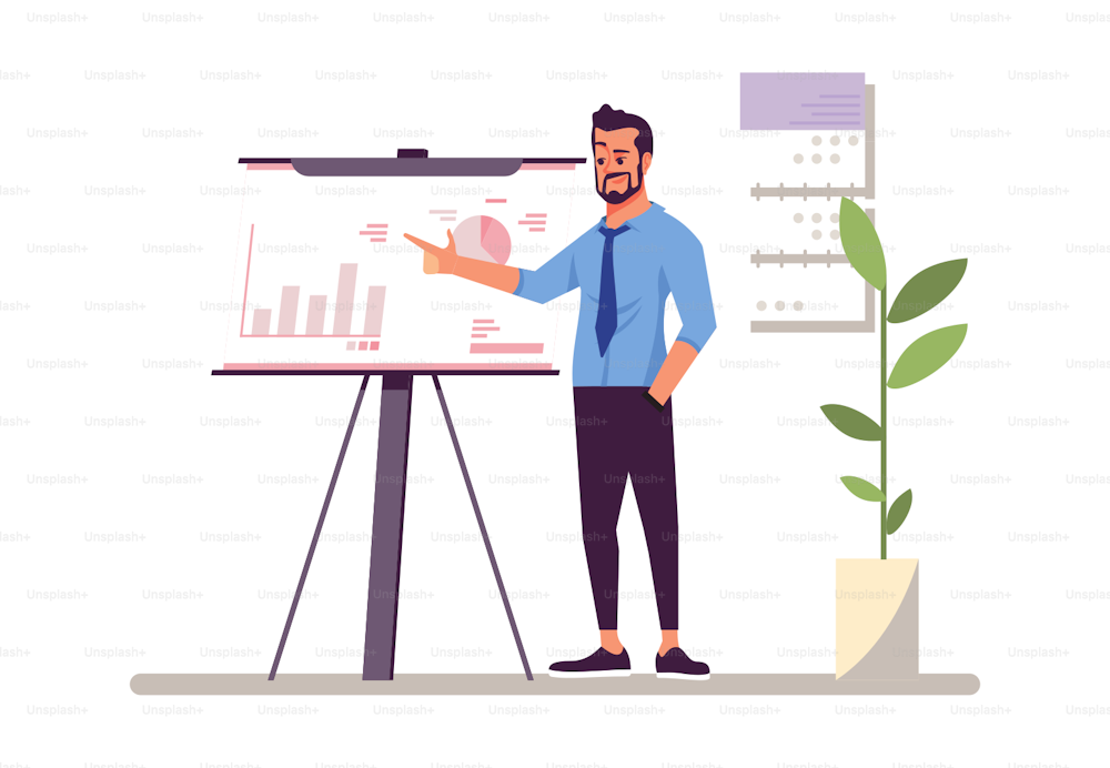 Top manager, businessman flat vector illustration. Corporate training, conference, business analytics, annual report. Entrepreneur near whiteboard isolated cartoon character. Marketer, boss, leader