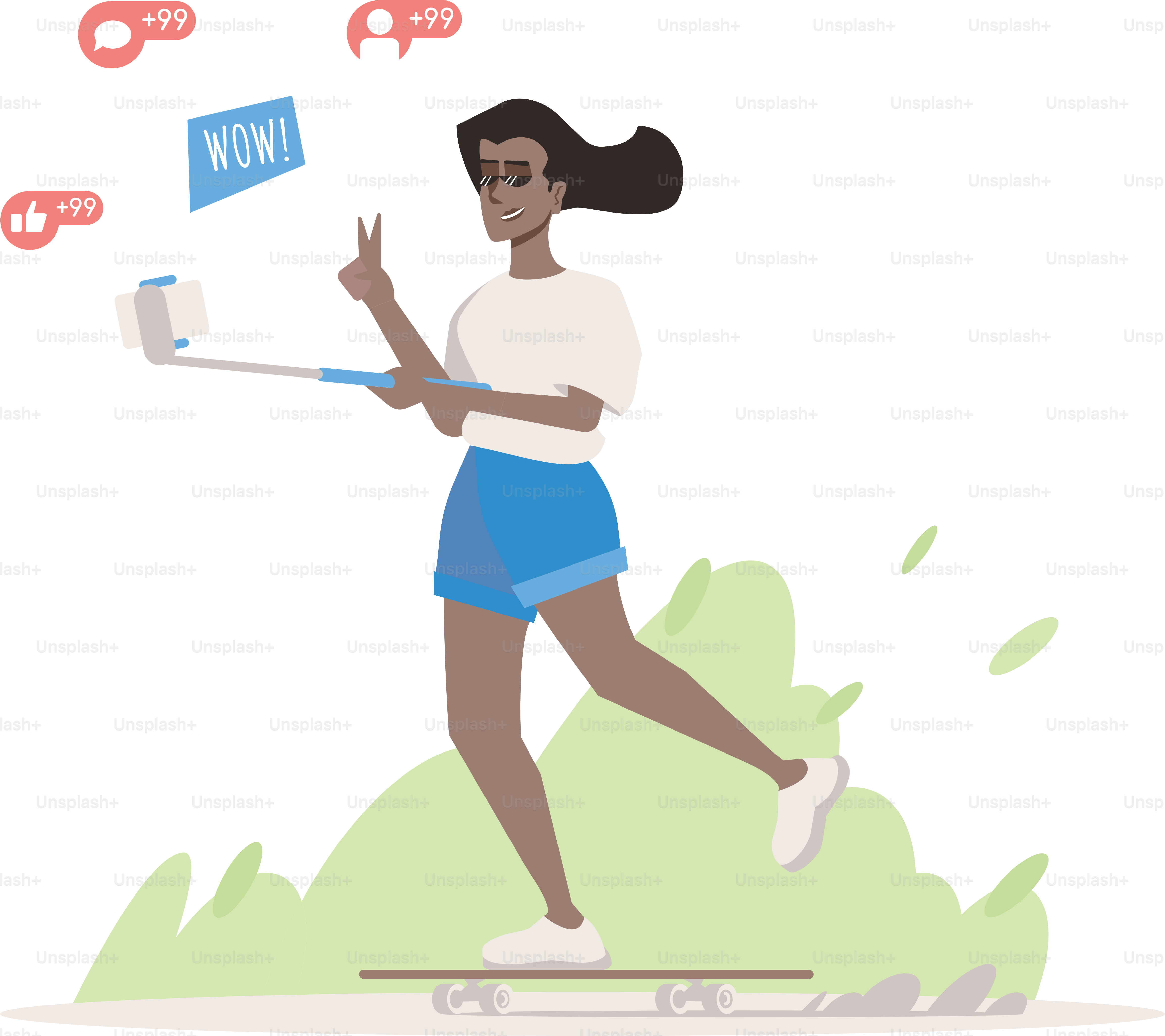 Lifestyle blogger flat vector illustration. African american girl skateboarding isolated cartoon character. Dark skin teen streaming video. Young vlogger, streamer. Healthy and active lifestyle vlog