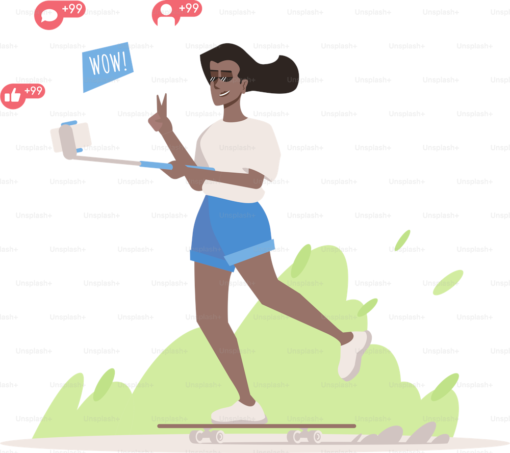 Lifestyle blogger flat vector illustration. African american girl skateboarding isolated cartoon character. Dark skin teen streaming video. Young vlogger, streamer. Healthy and active lifestyle vlog
