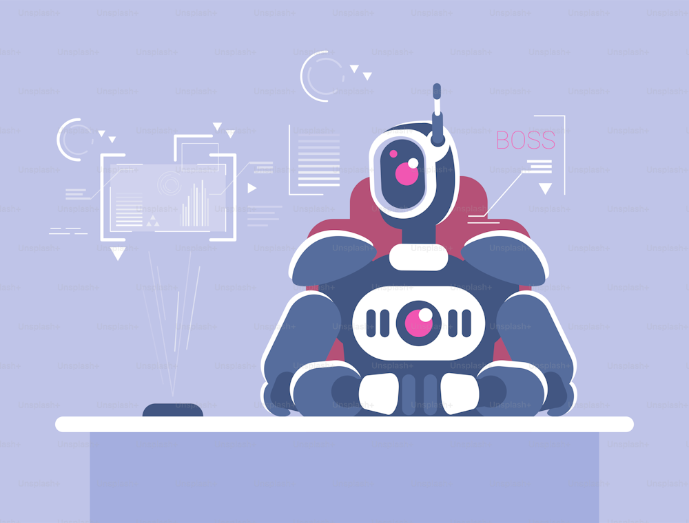 Robotic boss flat vector illustration. CEO, executive with artificial intelligence isolated cartoon character. Business automation, robotic revolution concept. AI top manager, team leader, businessman