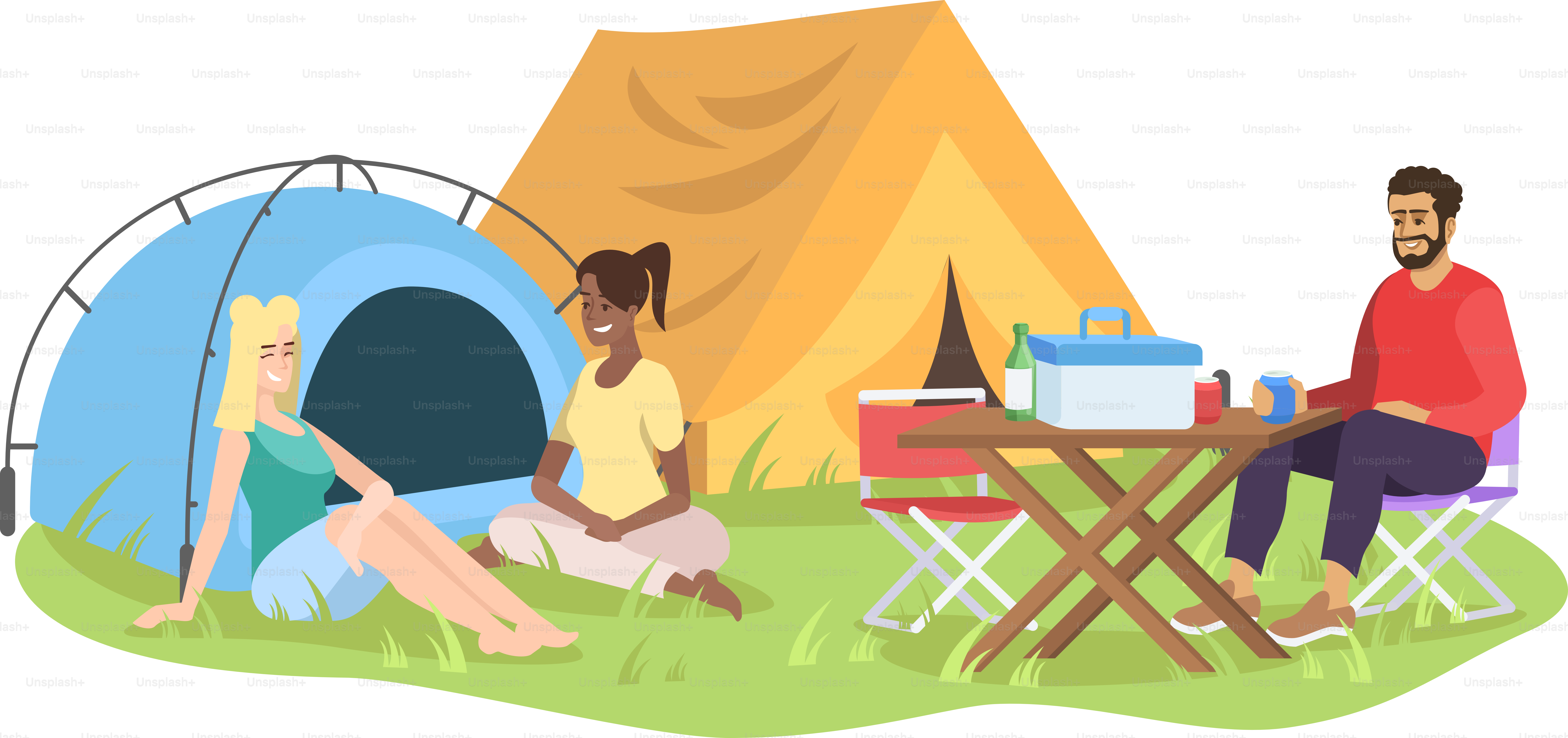 Amigos acampando ao ar livre ilustração vetorial plana. Alegres personagens de desenhos animados de homens e mulheres. Jovens amigos, estudantes em piquenique, temporada de férias. Recreação ao ar livre de verão isolada no fundo branco
