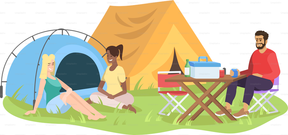 Friends camping outdoors flat vector illustration. Cheerful man and women cartoon characters. Young friends, students on picnic, holiday season. Summer outdoor recreation isolated on white background