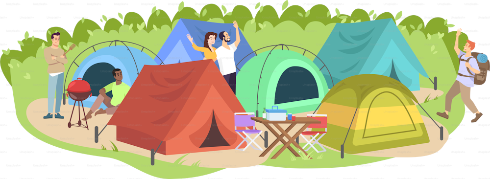 Camping festival flat vector illustration. Happy campers, tourists cartoon characters. Summer holiday leisure, seasonal outdoor picnic. Tent park, campground in forest isolated on white background