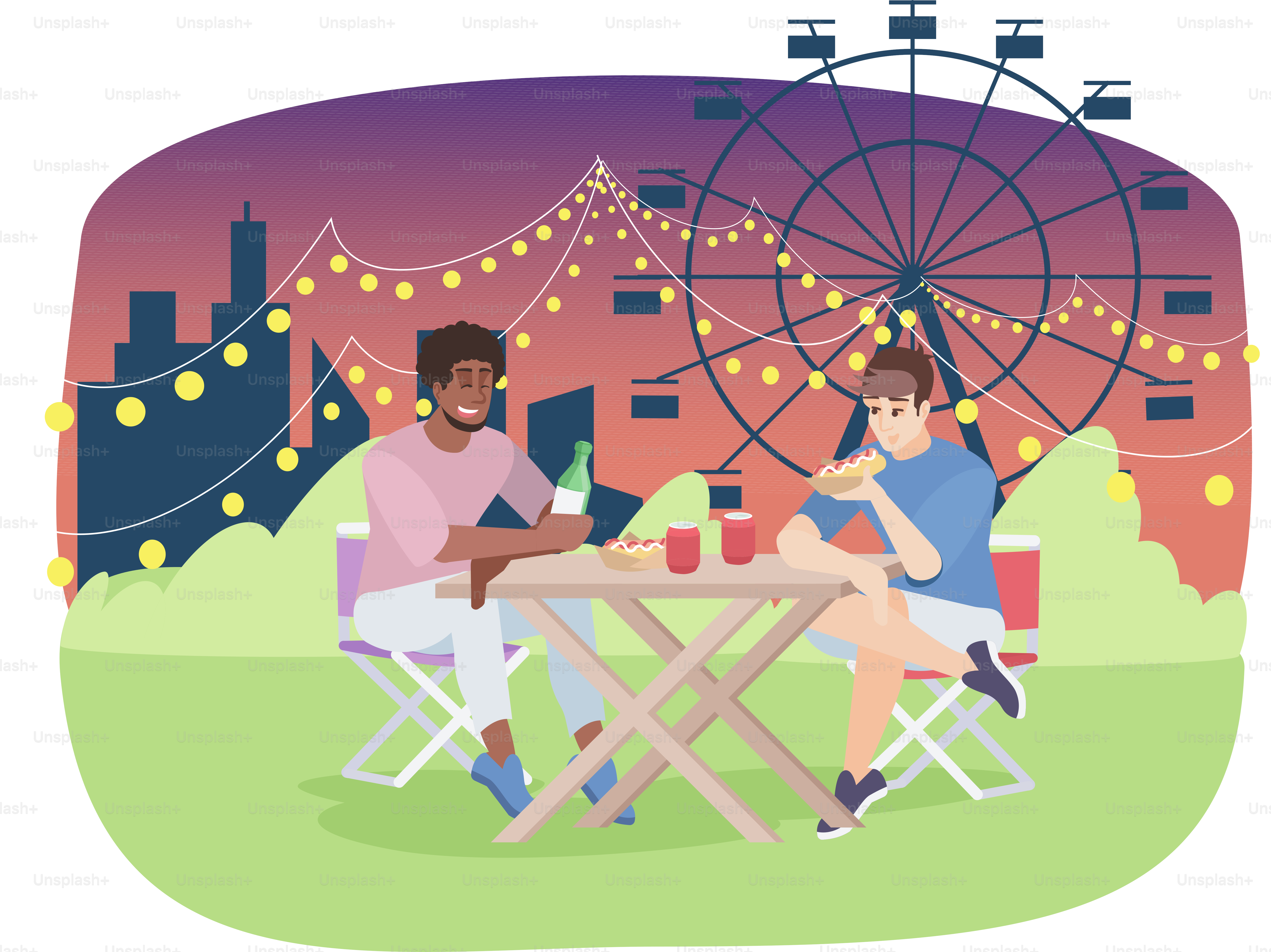 Freunde essen Pizza auf dem Jahrmarkt – flache Vektorillustration. Stadtpark, Sommerfest, Nachtfest im Freien. Männliche Freunde, Männer auf Picknick-Cartoonfiguren. Freizeitpark-Unterhaltung