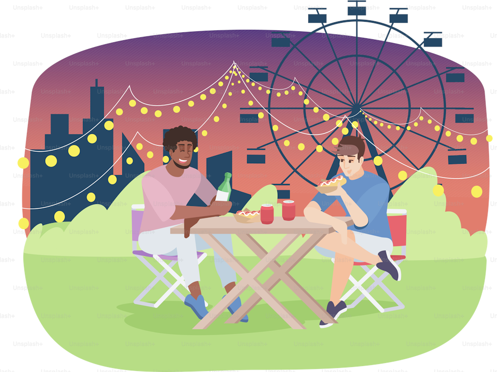 Friends eating pizza at fairground flat vector illustration. City park, summer festival, night fair outdoor cafe. Male friends, men on picnic cartoon characters. Amusement park entertainment