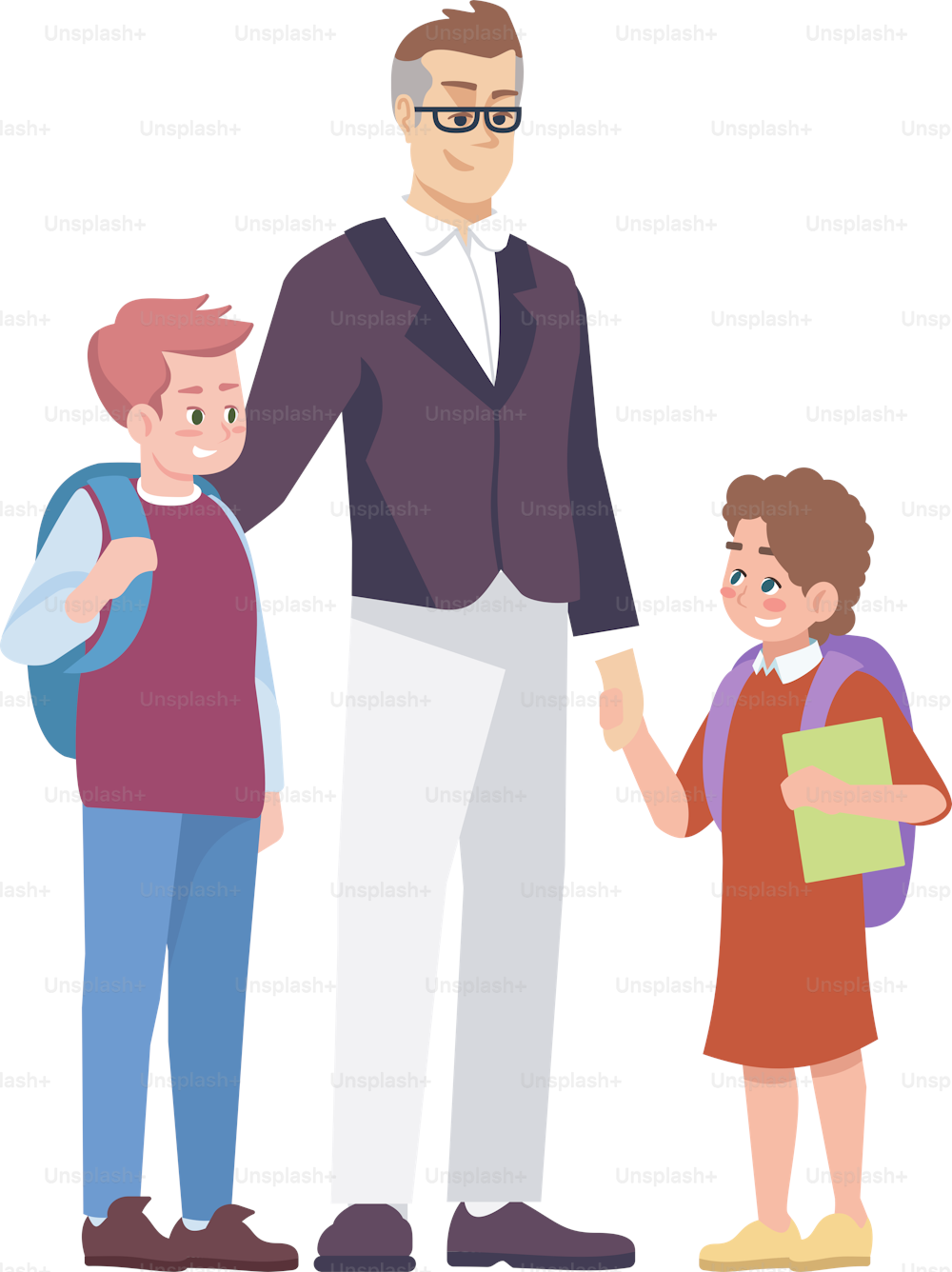 Father with schoolchildren flat vector illustration. Parent taking from school preteen son and daughter cartoon characters isolated on white background. Happy brother and sister communicating