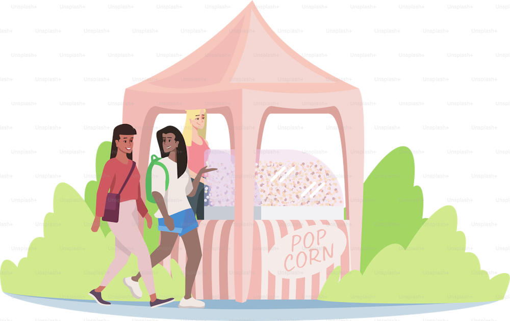 Fast food market stall with popcorn flat vector illustration. Popcorn machine booth on fairground. Girls at circus fair, funfair cartoon characters. Summer festival, city event, urban park attractions