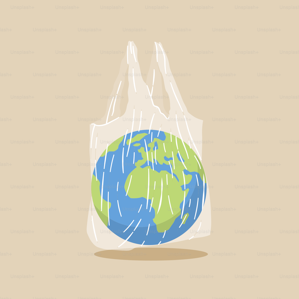 Earth globe in transparent plastic bag. Plastic pollution problem concept. Vector eps 10 illustration.