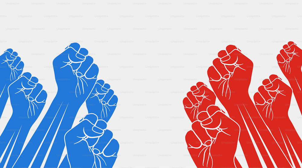 Group of red raised fists against group of blue raised fists, isolated on white background. Confrontation, opposition concept. Vector eps 10 illustration.