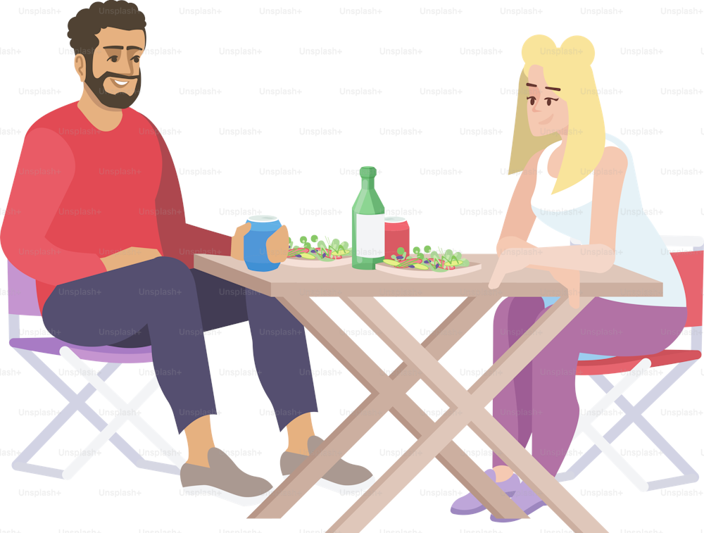Man and woman at lunch flat vector illustration. Coupe of people, food and drinks, folding chairs, table. Cute guy and girl at street food cafe meeting isolated cartoon characters on white background