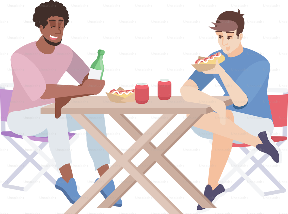 Two men eat and chat at table flat vector illustration. Guys with hot dogs and soft drinks, folding furniture. Couple of friends at city picnic isolated cartoon characters on white background