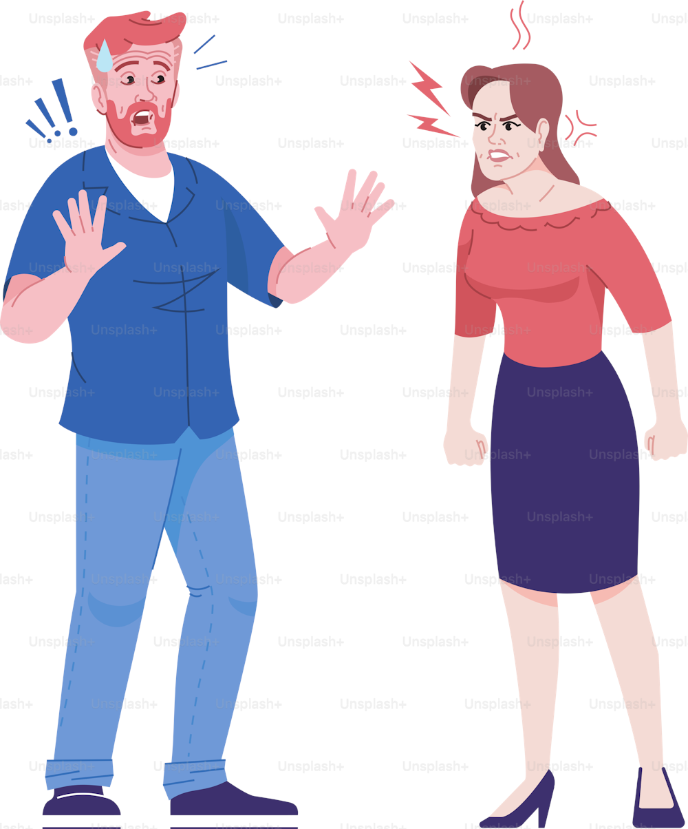 Couple quarrel flat vector illustration. Emotional family conflict. Domestic violence against men. Angry woman and defending man isolated cartoon characters with outline elements on white background