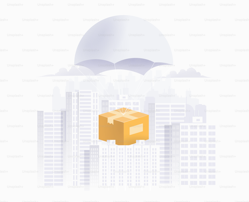 Delivery service concept. Giant package box descends by parachute to the city. Shipping banner design template. Vector eps 10 illustration.