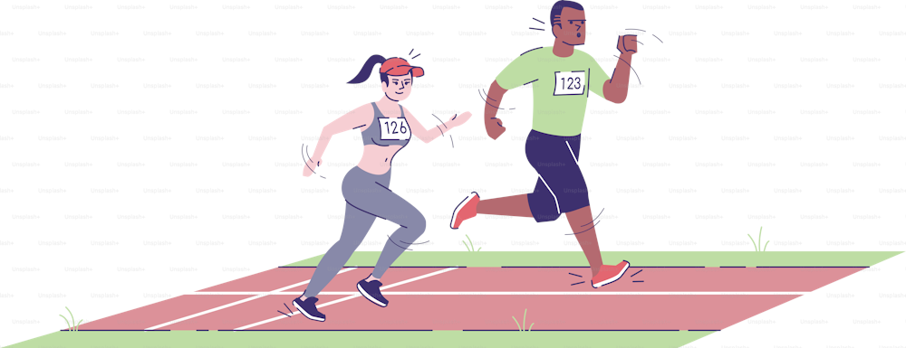 Man and woman running on marathon track flat vector illustration. Competitors. Athletic boy and girl sprinting on stadium road isolated cartoon characters with outline elements on white background