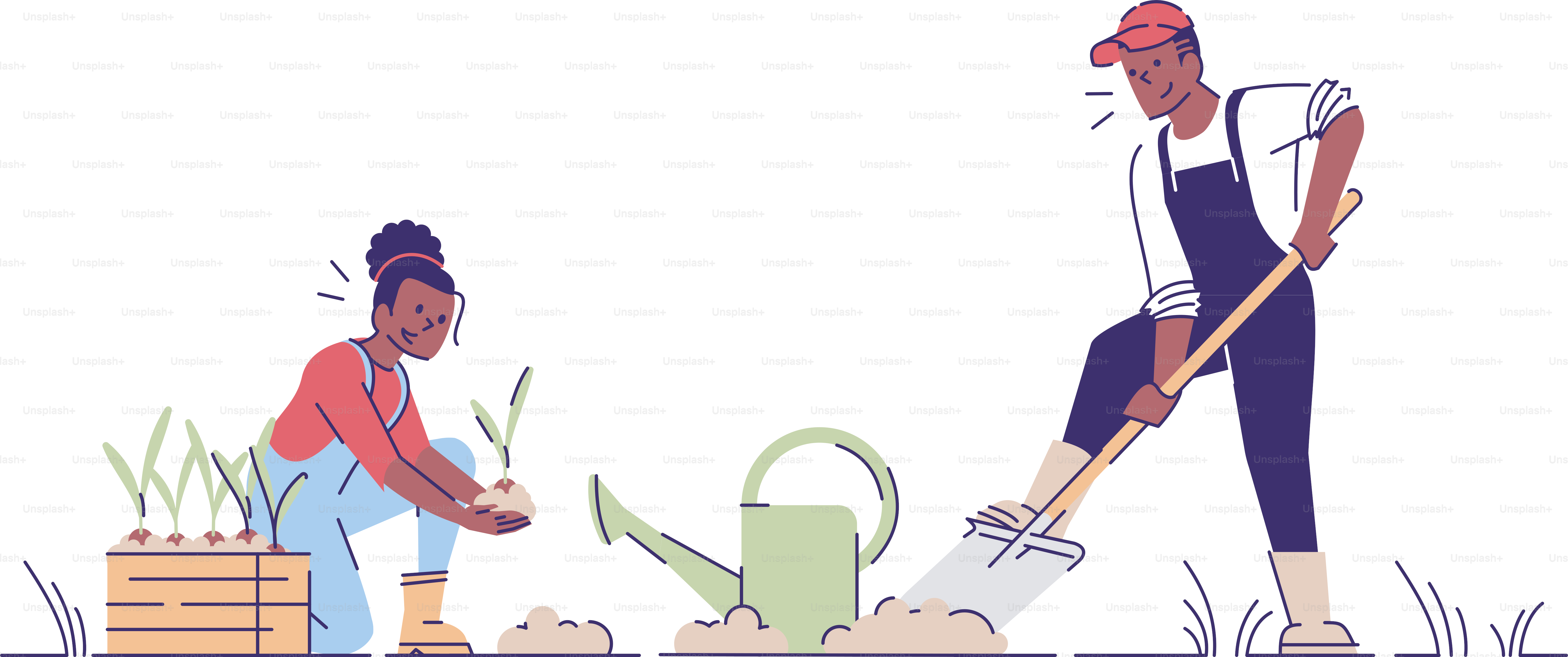 Couple gardening together flat vector illustration. African american farmers planting flowers cartoon characters with outline. Man and woman cultivating crops. Plant nursery spring works concept