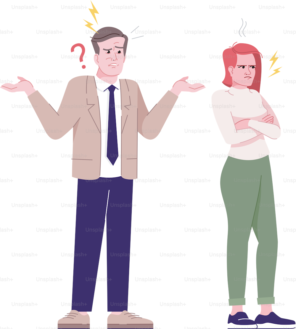 Couple quarrel flat vector illustration. Family arguing. Relationship crisis and misunderstanding. Angry woman, man in confusion isolated cartoon characters with outline elements on white background
