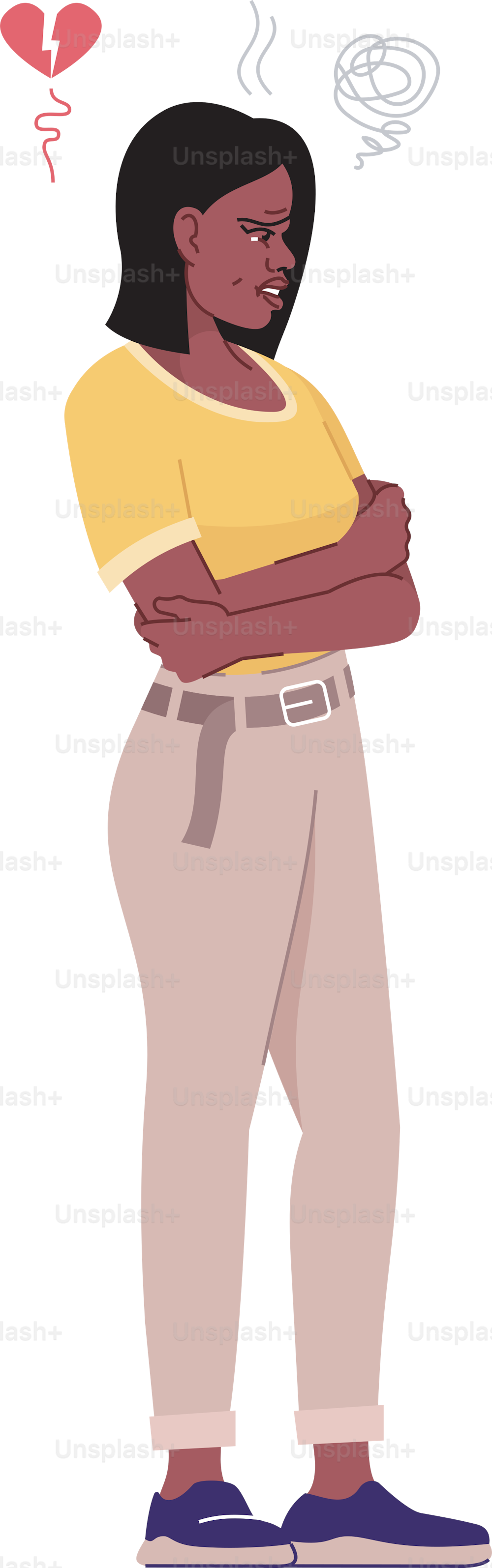Angry woman flat vector illustration. Relationship crisis. Broken love, resentment. Irritated wife standing with crossed arms isolated cartoon character with outline elements on white background