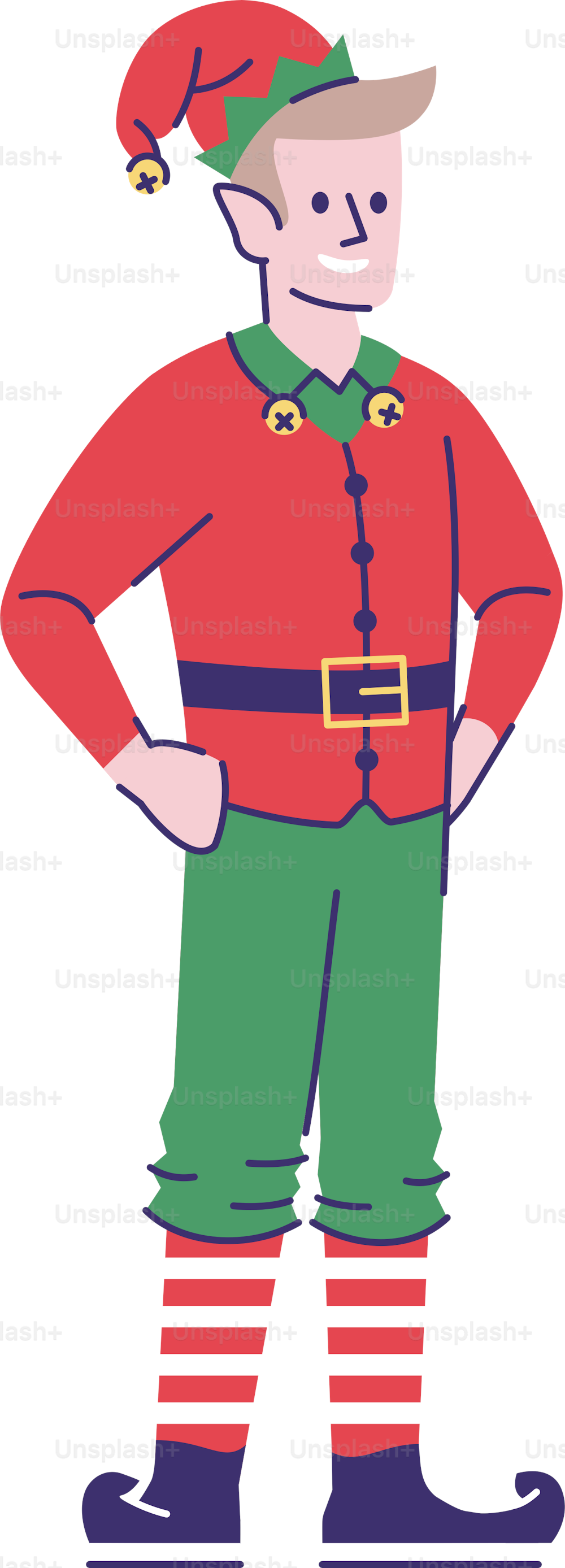 Mann trägt Elfenkostüm flache Vektorillustration. Kobold-Zeichentrickfigur mit Umrisselementen isoliert auf weißem Hintergrund. Festliches Weihnachtsfest. Weihnachtsmann Hepler Weihnachtskostüm