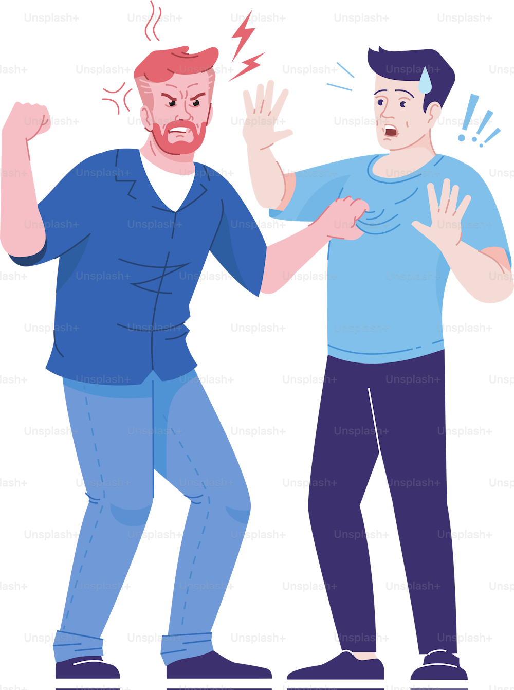 Men fight flat vector illustration. Aggressive male behavior. Friends conflict, dispute. Angry and defending men isolated cartoon characters with outline elements on white background